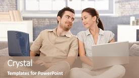  Presentation with home - Presentation theme enhanced with two computer - young couple sitting on sofa background and a coral colored foreground