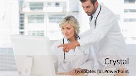  Presentation with computer - Presentation design with two concentrated doctors using computer background and a  colored foreground