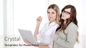  Presentation with lobby - Slide deck featuring two confident business women smiling with laptop while standing in office lobby looking at camera background and a soft green colored foreground