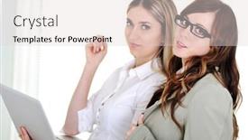  Presentation with lobby - PPT theme with two confident business women with laptop while standing in office lobby looking at camera background and a light gray colored foreground