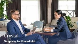  Presentation with restaurant - PPT layouts having two confident colleagues in formalwear discussing working moments and making decisions at meeting in restaurant background and a ocean colored foreground