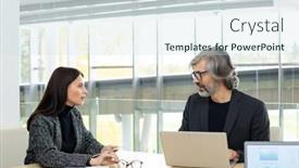  Presentation with data meeting - Beautiful presentation theme featuring two-confident-economists-looking backdrop and a sky blue colored foreground