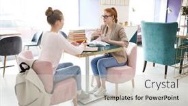  Presentation with points - Presentation design with two confident students of high school having discussion of project points in college cafe background and a light gray colored foreground