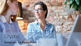  Presentation with women meeting - Presentation with two confident women brainstorming and voicing ideas at start-up meeting background and a light blue colored foreground