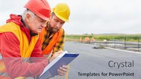  Presentation with road construction - Amazing theme having two-construction-workers-as-road backdrop and a light gray colored foreground
