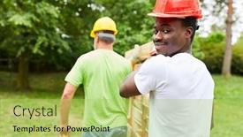  Presentation with pallet - Presentation theme consisting of two-construction-workers-carry background and a yellow colored foreground