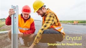  Presentation with road construction - Beautiful slide set featuring two-construction-workers-check-foundation backdrop and a tawny brown colored foreground
