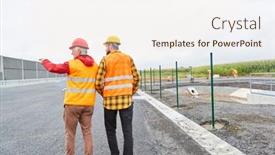  Presentation with road construction - Cool new PPT theme with two-construction-workers-inspecting backdrop and a sky blue colored foreground