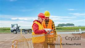 Presentation with site planning - Beautiful PPT theme featuring two-construction-workers-on-construction backdrop and a gold colored foreground