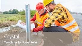  Presentation with house foundation - Presentation design with two-construction-workers-on-construction background and a gray colored foreground
