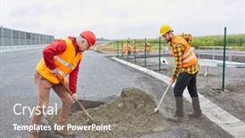  Presentation with road construction - Presentation theme featuring two-construction-workers-shovel-concrete background and a gray colored foreground