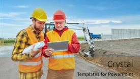  Presentation with road construction - Slide deck having two-construction-workers-using-tablet background and a coral colored foreground