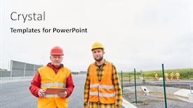  Presentation with road construction - Colorful presentation theme enhanced with two-construction-workers-with-tablet backdrop and a cream colored foreground