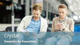  Presentation with airport lounge - Presentation design with two contemporary man and woman in casualwear sitting in lounge of airport and searching in their smartphones background and a teal colored foreground