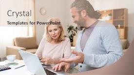  Presentation with online meeting - Presentation design featuring two contemporary mature colleagues discussing online data or preparing presentation in front of laptop at meeting background and a soft green colored foreground