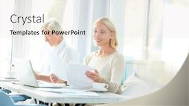  Presentation with net - Slide set consisting of two contemporary senior accountants sitting by table in comfortable cafe working with papers and browsing in the net background and a light gray colored foreground