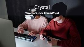  Presentation with computer games - Colorful slide deck enhanced with two-contemporary-teenagers-in-vr backdrop and a dark gray colored foreground