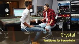  Presentation with discussion - Presentation having two contemporary young sound operators sitting by soundboard and having working discussion background and a tawny brown colored foreground