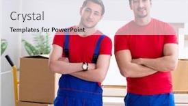  Presentation with personal belongings - PPT theme enhanced with two contractor employees moving personal belongings background and a sky blue colored foreground