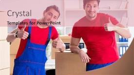  Presentation with personal belongings - Presentation design having two-contractor-employees-moving-personal background and a coral colored foreground