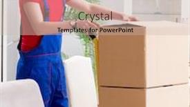  Presentation with personal belongings - PPT theme featuring two-contractor-employees-moving-personal background and a soft green colored foreground