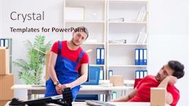  Presentation with personal belongings - PPT theme consisting of two-contractor-employees-moving-personal background and a lemonade colored foreground