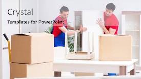  Presentation with personal belongings - Presentation theme enhanced with two-contractor-employees-moving-personal background and a sky blue colored foreground