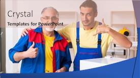  Presentation with fridge - Presentation theme with two contractors repairing fridge at workshop background and a coral colored foreground