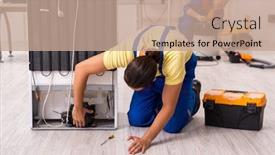  Presentation with fridge - Slide set featuring two contractors repairing fridge at workshop background and a coral colored foreground