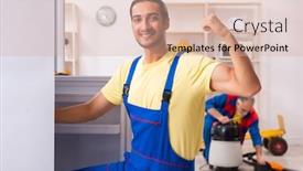  Presentation with fridge - Audience pleasing PPT theme consisting of two contractors repairing fridge at workshop backdrop and a lemonade colored foreground