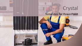  Presentation with fridge - PPT theme enhanced with two contractors repairing fridge at workshop background and a light gray colored foreground