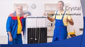  Presentation with fridge - Slide set featuring two-contractors-repairing-fridge background and a sky blue colored foreground