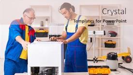  Presentation with fridge - Cool new PPT layouts with two-contractors-repairing-fridge backdrop and a lemonade colored foreground
