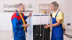  Presentation with fridge - Cool new presentation theme with two-contractors-repairing-fridge backdrop and a soft green colored foreground