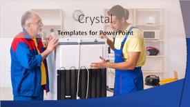  Presentation with fridge - Slide deck featuring two-contractors-repairing-fridge background and a soft green colored foreground