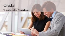  Presentation with working together - Colorful presentation enhanced with two corporate business colleagues working backdrop and a soft green colored foreground