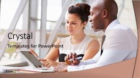  Presentation with working together - Amazing slide deck having two corporate business colleagues working backdrop and a coral colored foreground