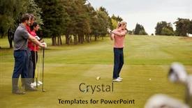  Presentation with driver - Cool new PPT theme with two-couples-golfing-hitting-tee backdrop and a gold colored foreground