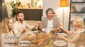  Presentation with thanksgiving dinner - Slide deck having two-couples-in-casualwear-keeping background and a coral colored foreground