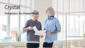  Presentation with team discussion - Presentation enhanced with two coworkers in a modern background and a  colored foreground