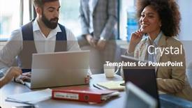  Presentation with coworkers - PPT theme with two-coworkers-sitting background and a violet colored foreground