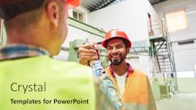  Presentation with factory workers - Presentation theme featuring two-craftsmen-or-workers-greet background and a blonde colored foreground