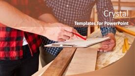  Presentation with workshop - Colorful presentation theme enhanced with two craftsmen with checklist in the carpentry workshop are planning a job backdrop and a coral colored foreground