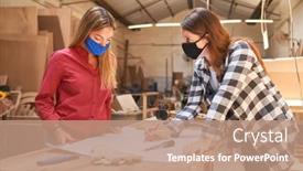  Presentation with face masks - Slide deck enhanced with two-craftsmen-women-with-face background and a coral colored foreground