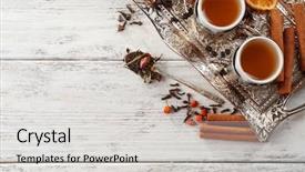  Presentation with brewed - Audience pleasing presentation theme consisting of two cups of brewed tea with spices on light wooden table backdrop and a light gray colored foreground