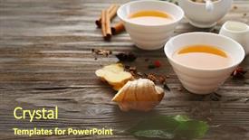  Presentation with brewed - Slides having two cups of brewed tea with ginger and spices on wooden table background and a tawny brown colored foreground