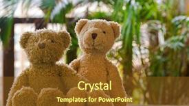  Presentation with yellow wood - Beautiful presentation design featuring two cute brown bears sitting on wood with blurred garden balcony background and yellow tone backdrop and a tawny brown colored foreground