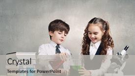  Presentation with cute chemistry - Slides with two cute children at chemistry lesson making experiments background and a light gray colored foreground