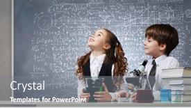  Presentation with cute chemistry - Presentation theme enhanced with two cute children at chemistry lesson making experiments background and a gray colored foreground