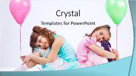  Presentation with two cute sisters playing - PPT theme with two cute girls with balloons background and a sky blue colored foreground